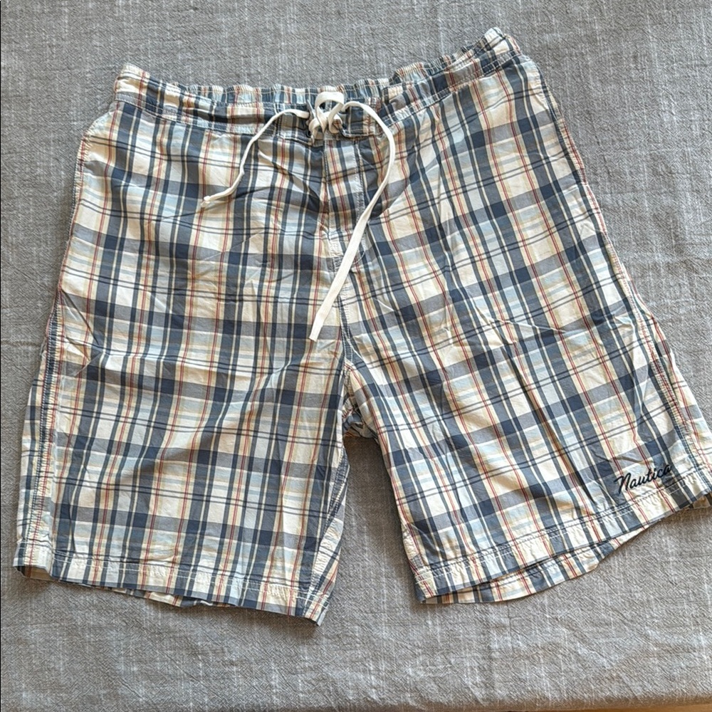 Nautica Blue and Tan Board Shorts with Plaid Design